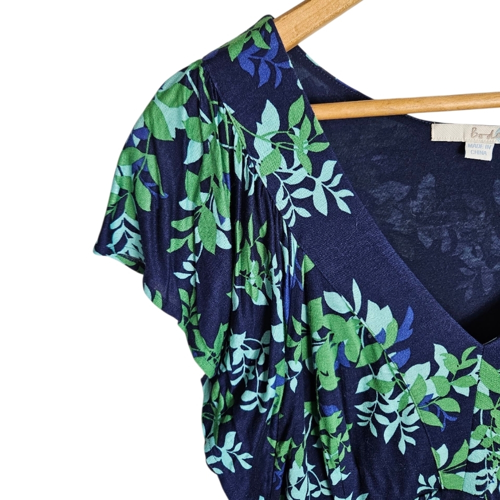 Boden Blue and Green Leaf Design Midi Dress, Size US 10R